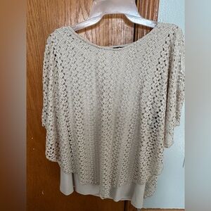 Olivia Blu cream top, lace layer over solid, slit in sleeve